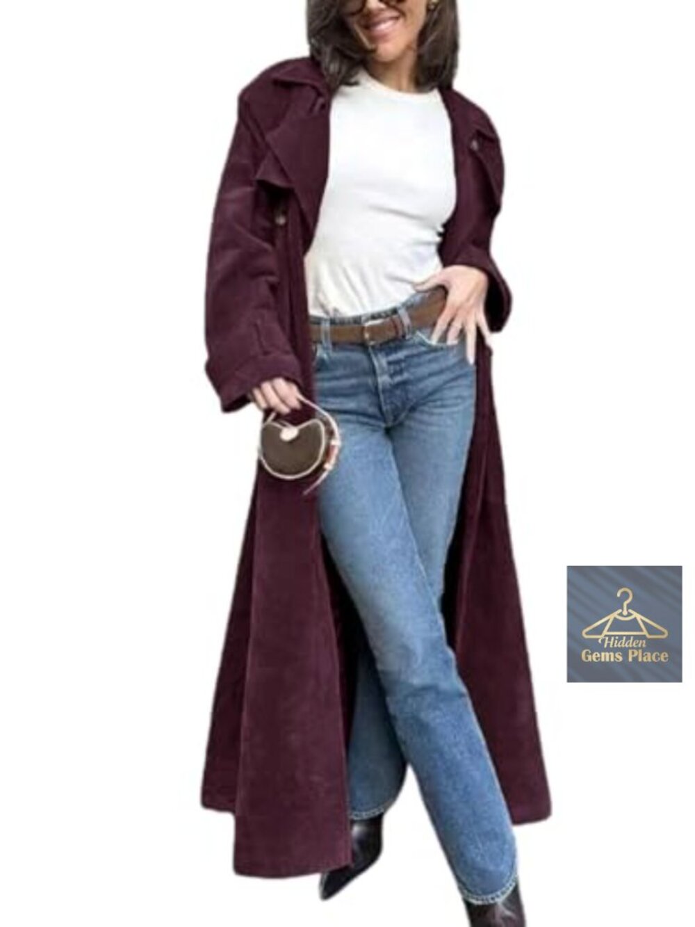 Faux Suede Long Trench Coat Notched Lapel Double Breasted Pea Coat Overcoat